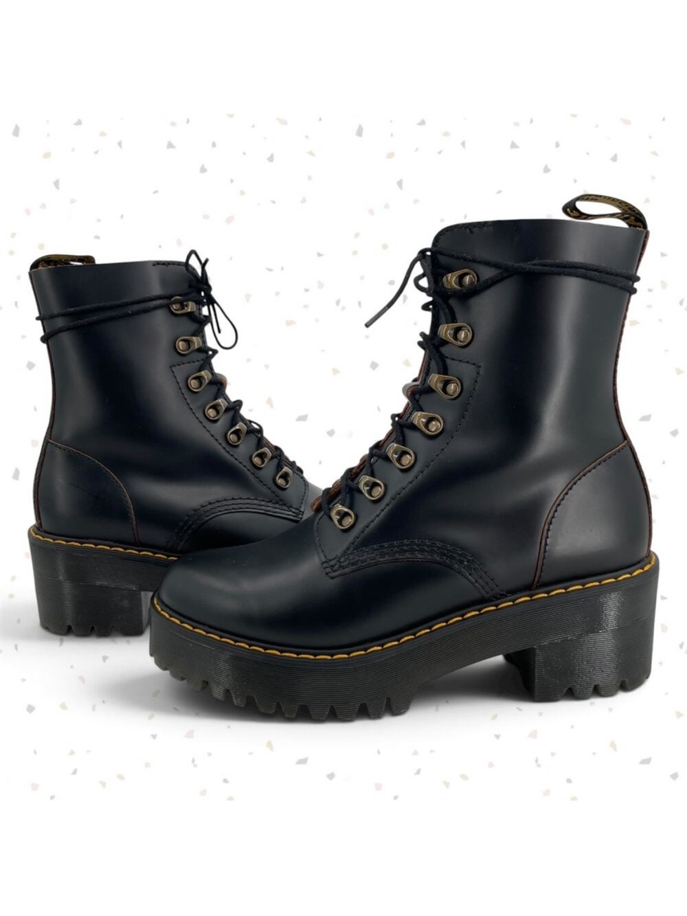 Dr. Martens Leona Black Vintage Smooth Leather Heeled Lace Up Platform Boots 9